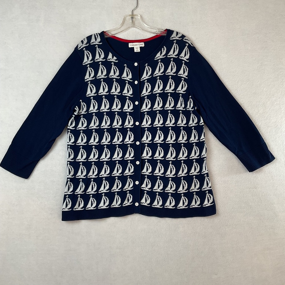 Coldwater Creek Navy Blue Sailboat Nautical Cotton Cardigan Sweater M 10-12
